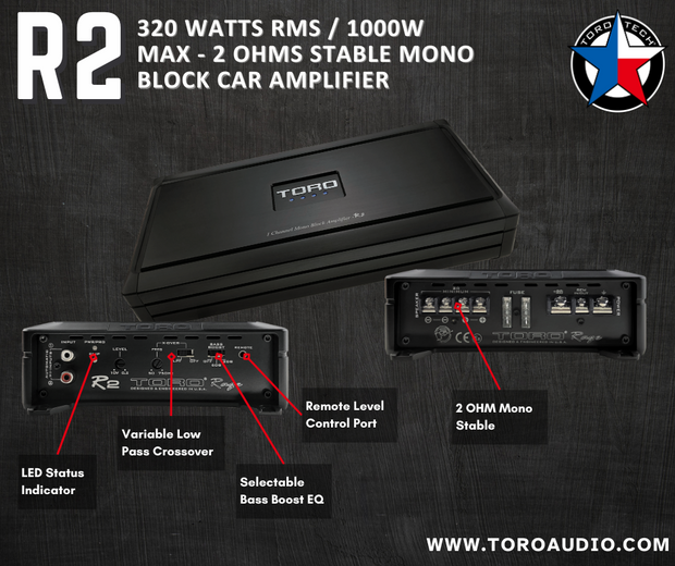 R2 | 320 Watts RMS / 1000w MAX - 2Ω Stable Full Range Monoblock Car Amplifier