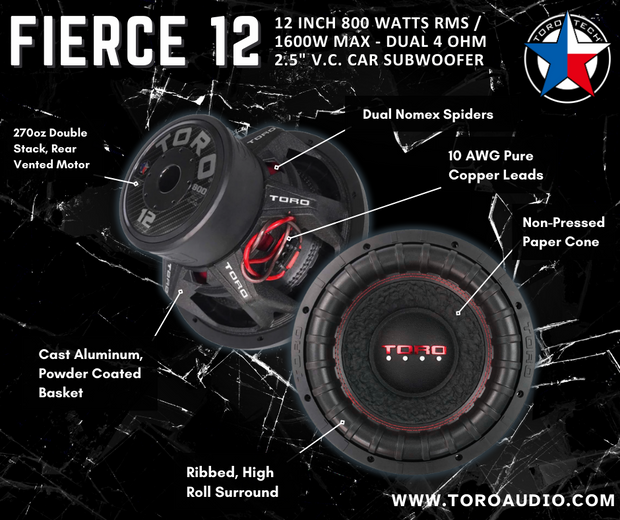 Two FIERCE12 Dual 4 Ohm Subwoofers | 1600 Watts RMS | 800w RMS Each