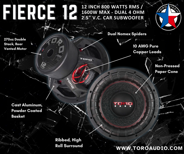 FIERCE 12 | 12 Inch 800 Watts RMS / 1600w MAX - Dual 4 Ohm 2.5" V.C. Car Subwoofer