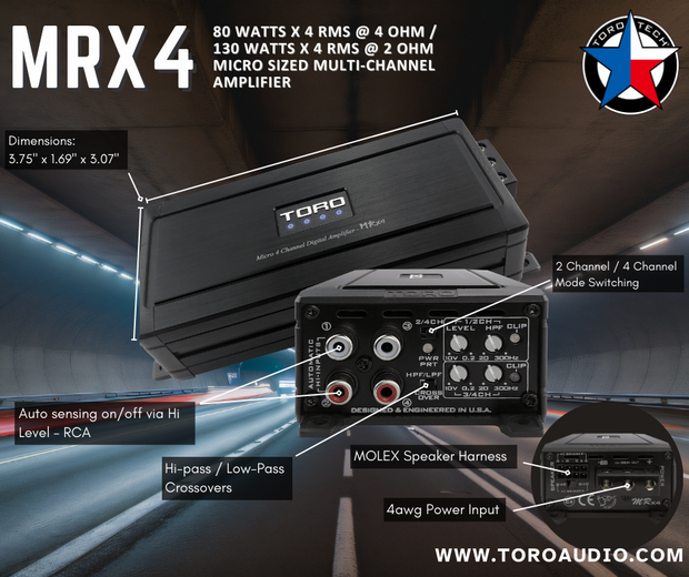 MRx4 | 80 Watts x 4 RMS @ 4Ω / 130 Watts x 4 RMS @ 2 Ohm Micro Sized Multi-Channel Car Amplifier