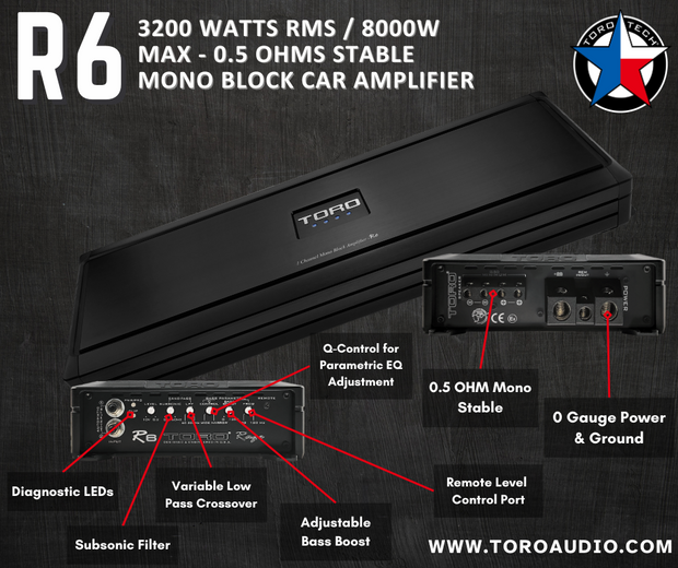 R6 | 3200 Watts RMS / 8000w MAX - 0.5Ω Stable Monoblock Car Amplifier
